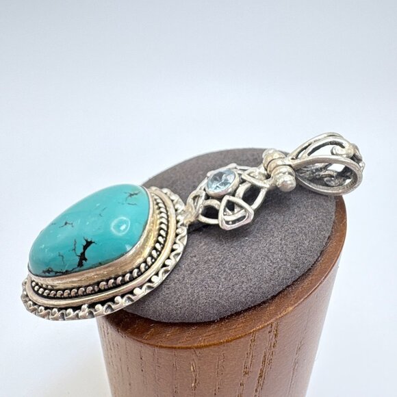 VTG Sterling Silver 925 Turquoise & Blue Topaz Pendant Size 2.5" Length - Picture 3 of 11